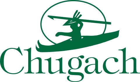 a white logo with green font and image of Alaska Native in a canoe with a spear.