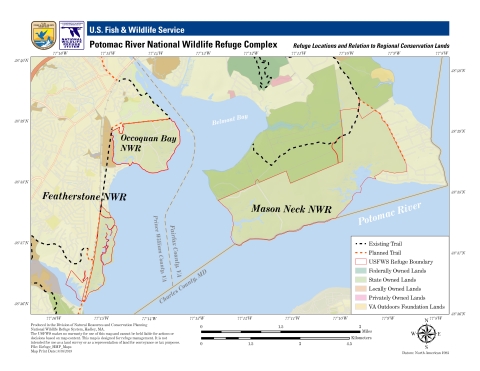 A map identifying all 3 refuges in the Potomac River NWRC