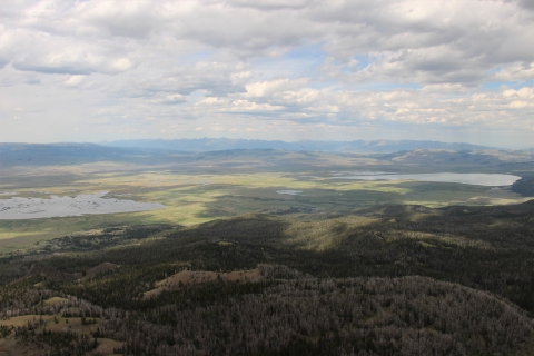 A green valley with wetlands as seen from high above is shown.