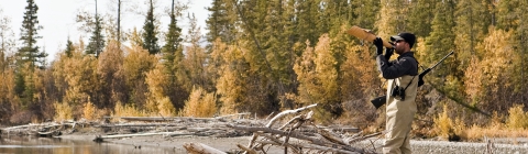 A man in hunting gear standing in a forest opening using a moose call