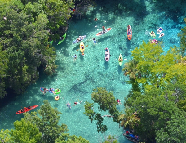 Aerial view of paddle craft and swimmers visiting Three Sisters Springs