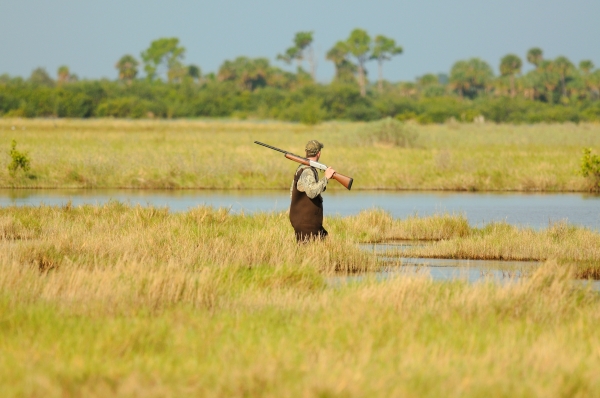 A duck hunter wades through saltmarsh grasses