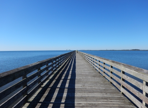 A plank fishing pier stretches into the distance
